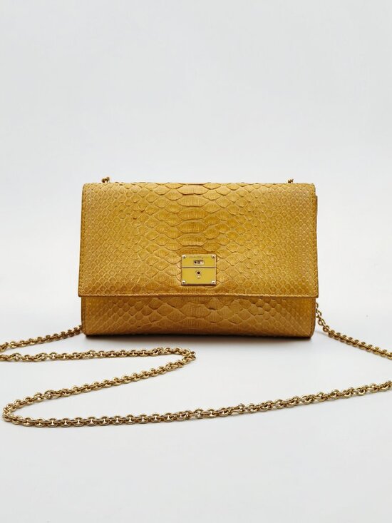 Salvatore Ferragamo Handbags - Salvatore Ferragamo Yellow Python Embossed Leather Chain Shoulder Bag Clutch